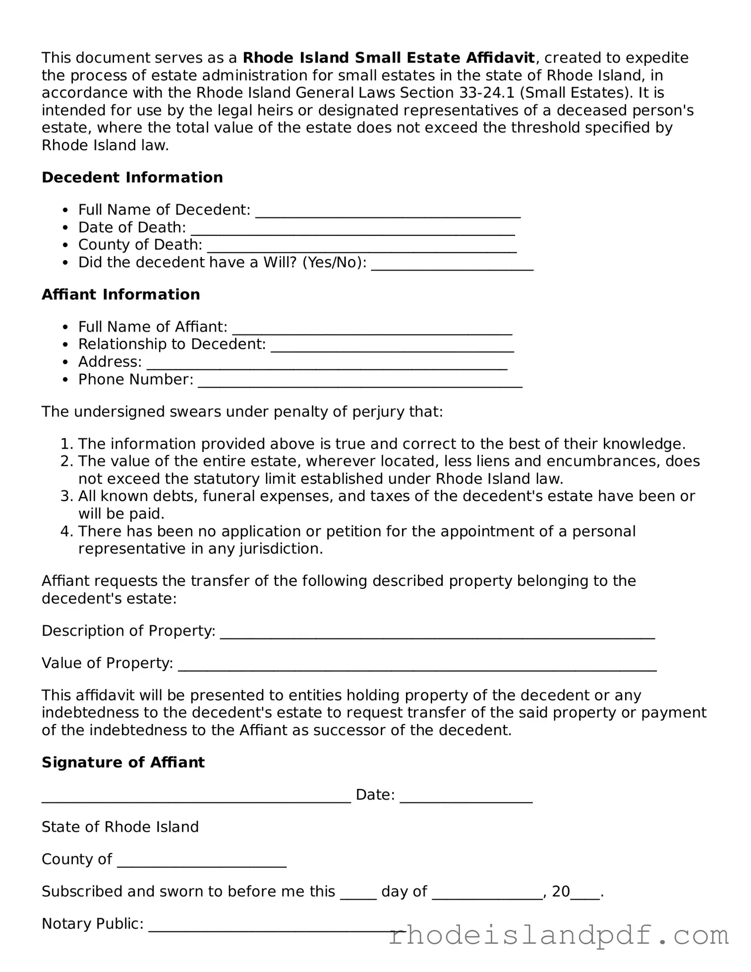 Small Estate Affidavit Template for Rhode Island State