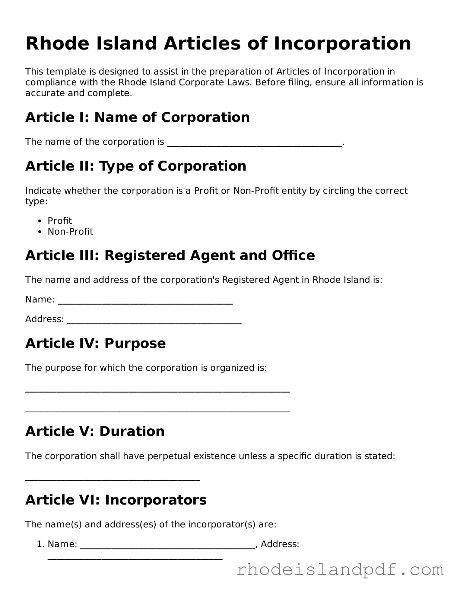 Articles of Incorporation Template for Rhode Island State