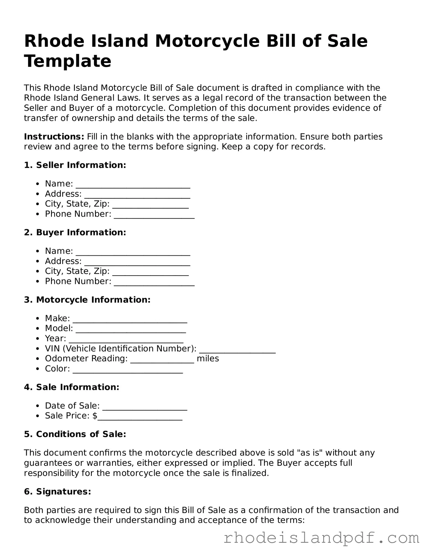 Motorcycle Bill of Sale Template for Rhode Island State