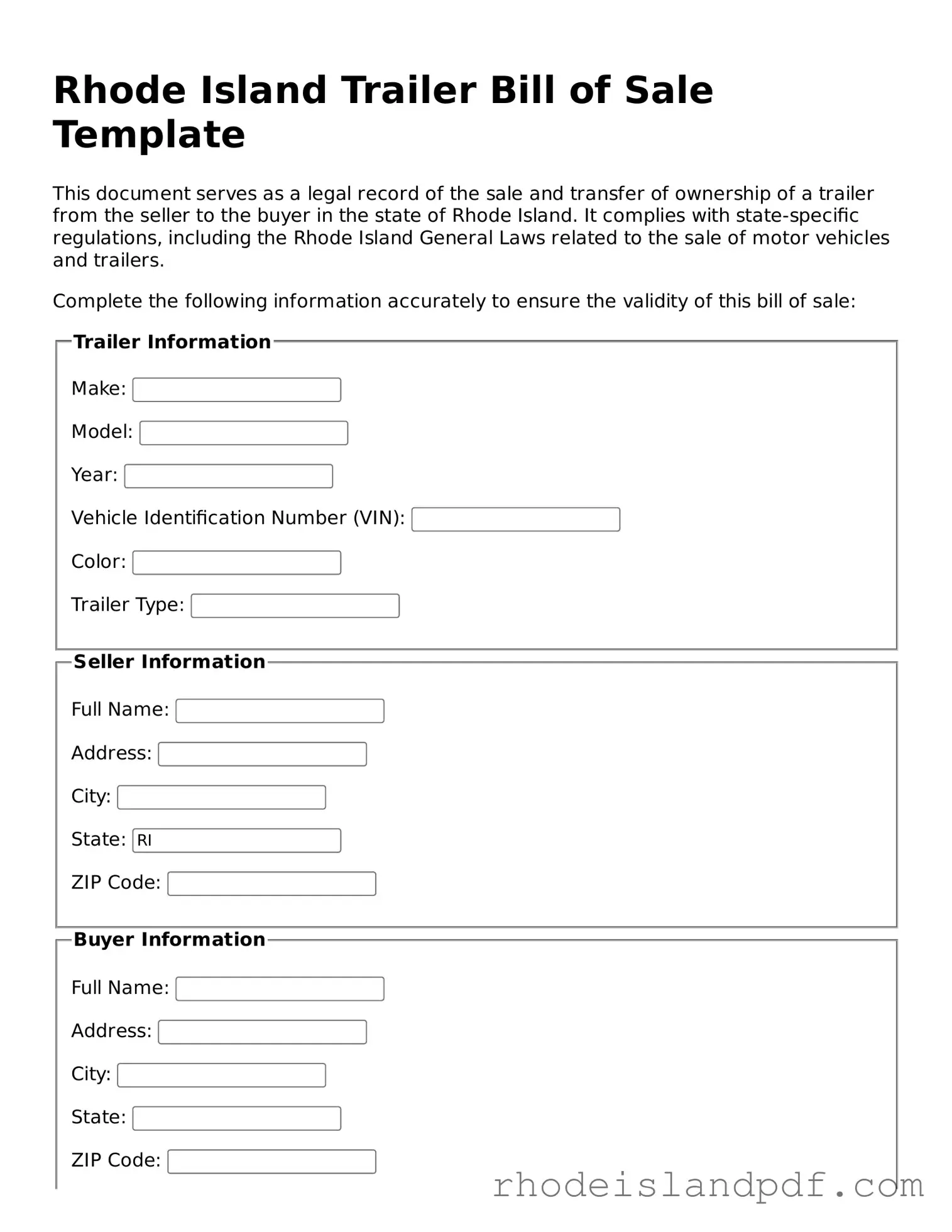 Trailer Bill of Sale Template for Rhode Island State