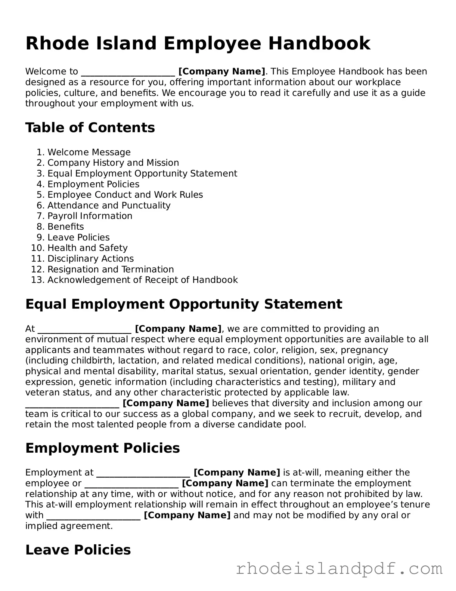 Employee Handbook Template for Rhode Island State