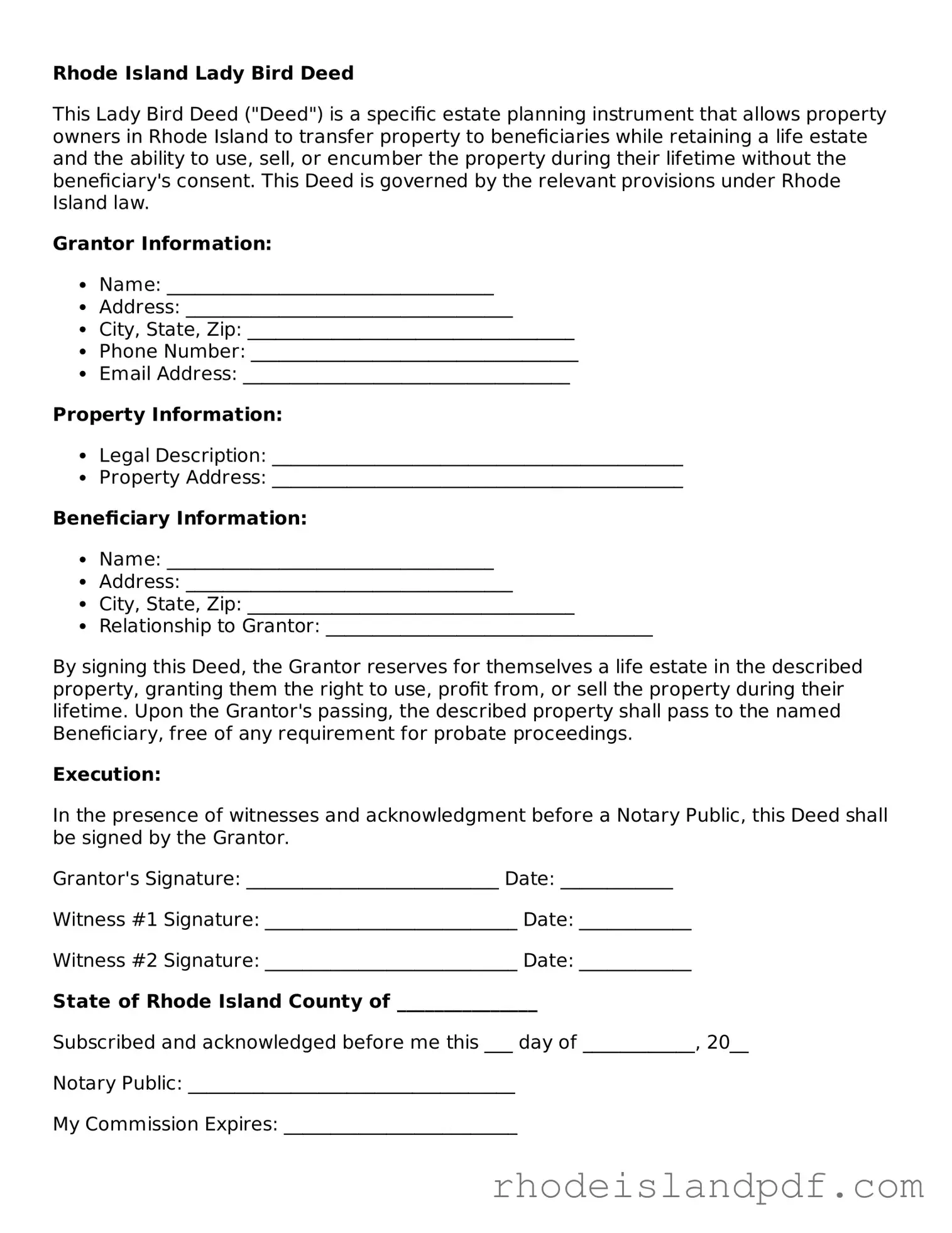 Lady Bird Deed Template for Rhode Island State