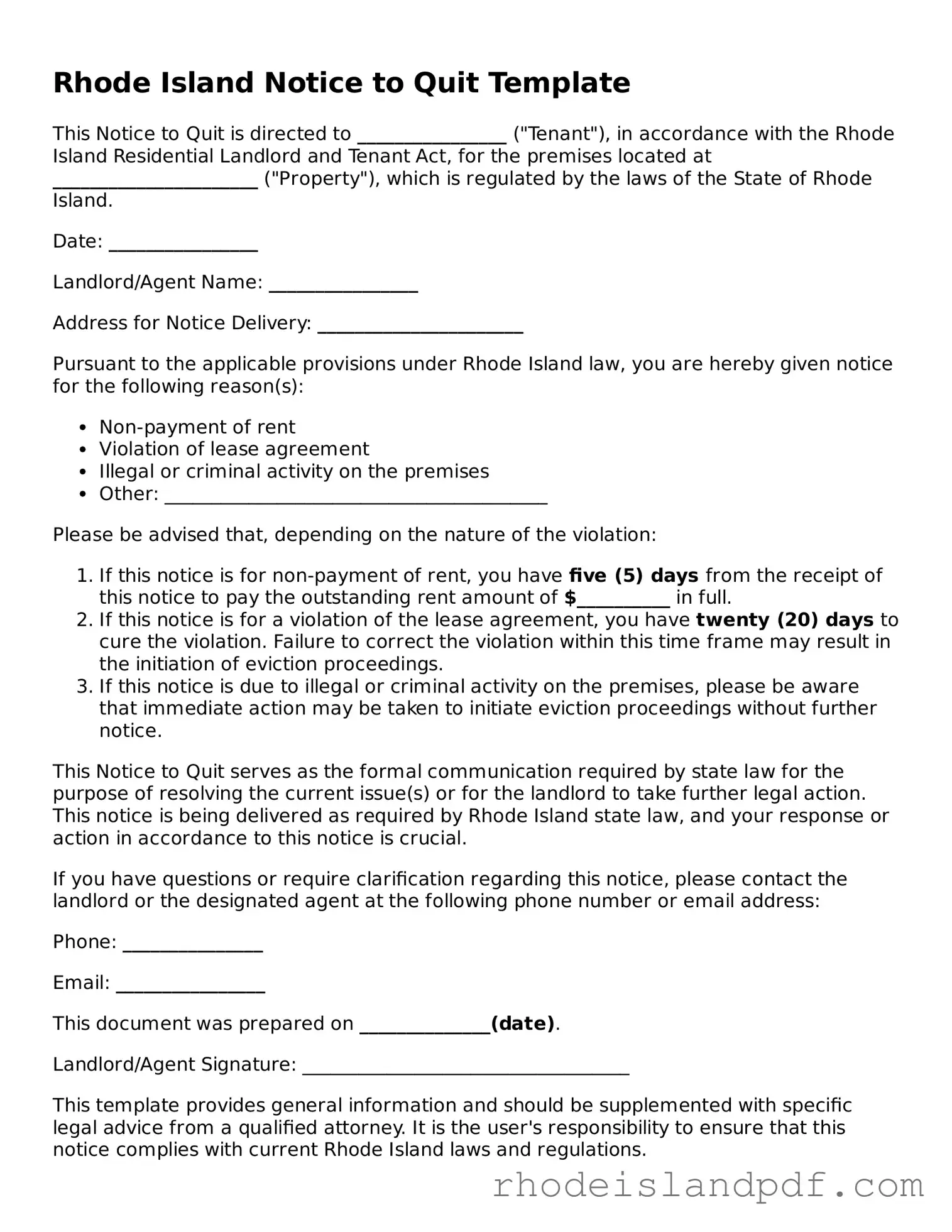 Notice to Quit Template for Rhode Island State