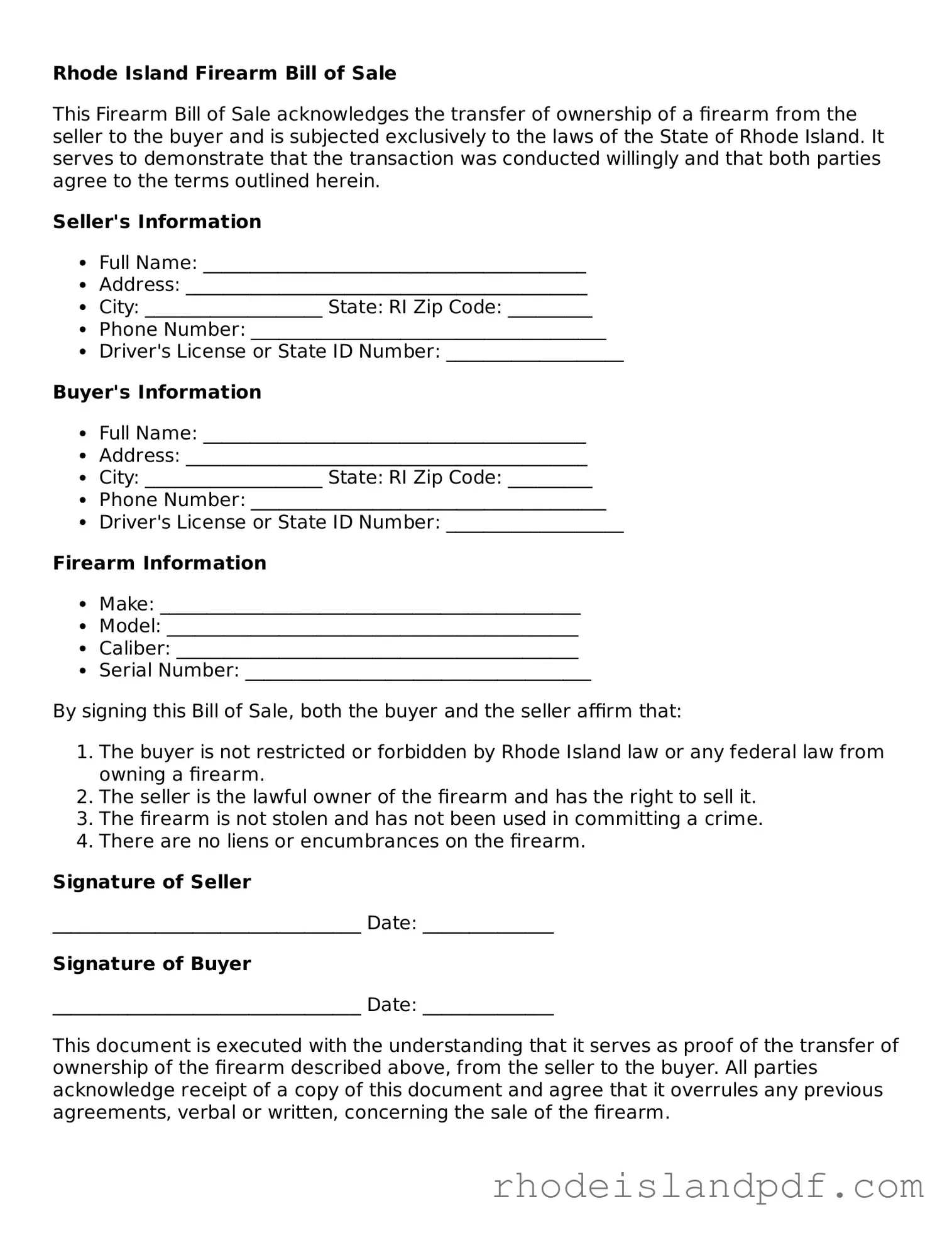 Firearm Bill of Sale Template for Rhode Island State