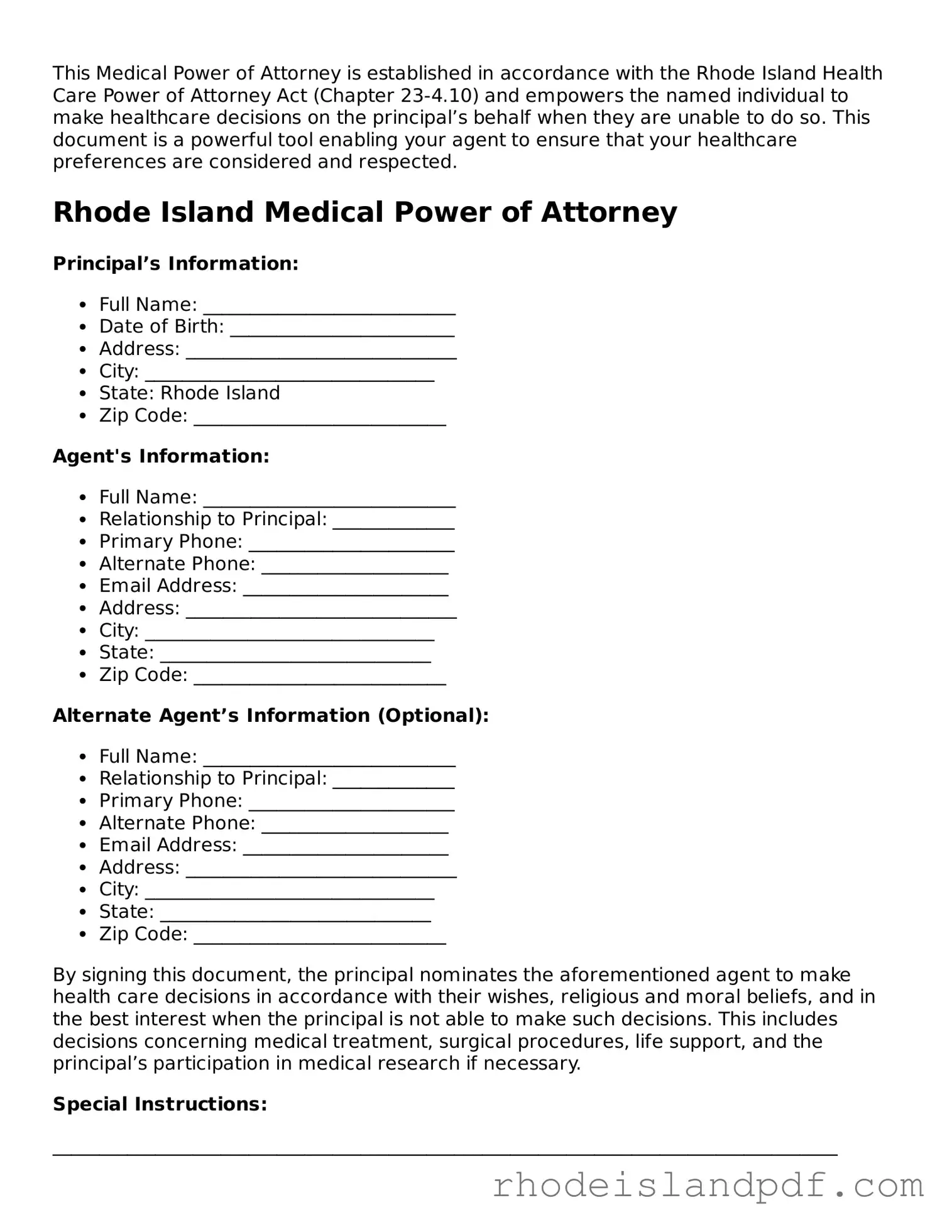 Medical Power of Attorney Template for Rhode Island State