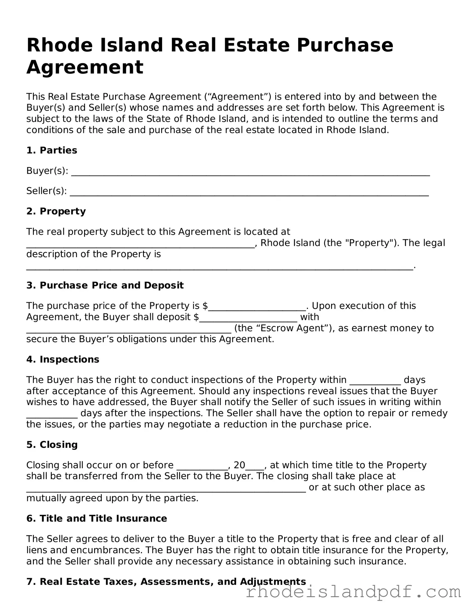 Real Estate Purchase Agreement Template for Rhode Island State