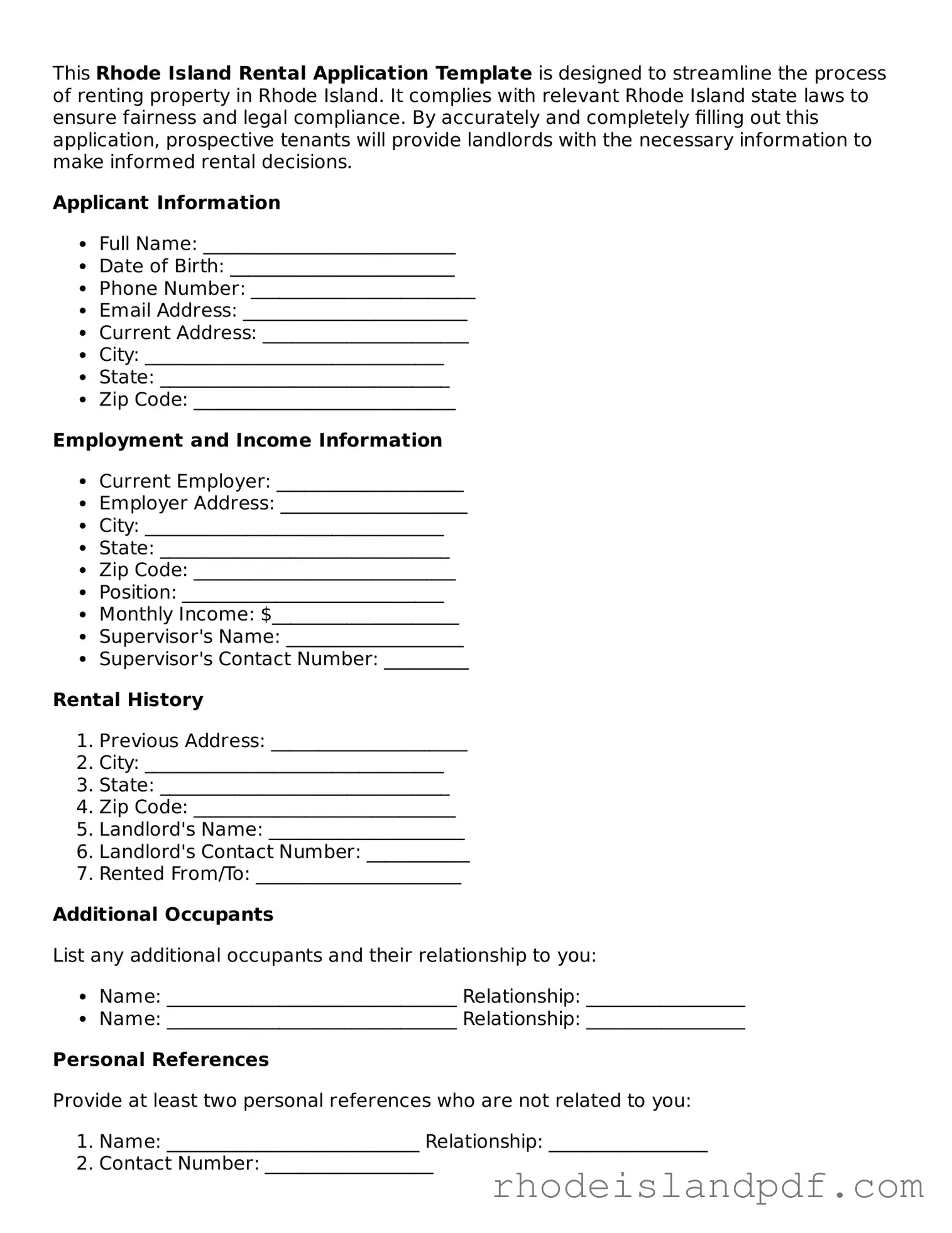 Rental Application Template for Rhode Island State