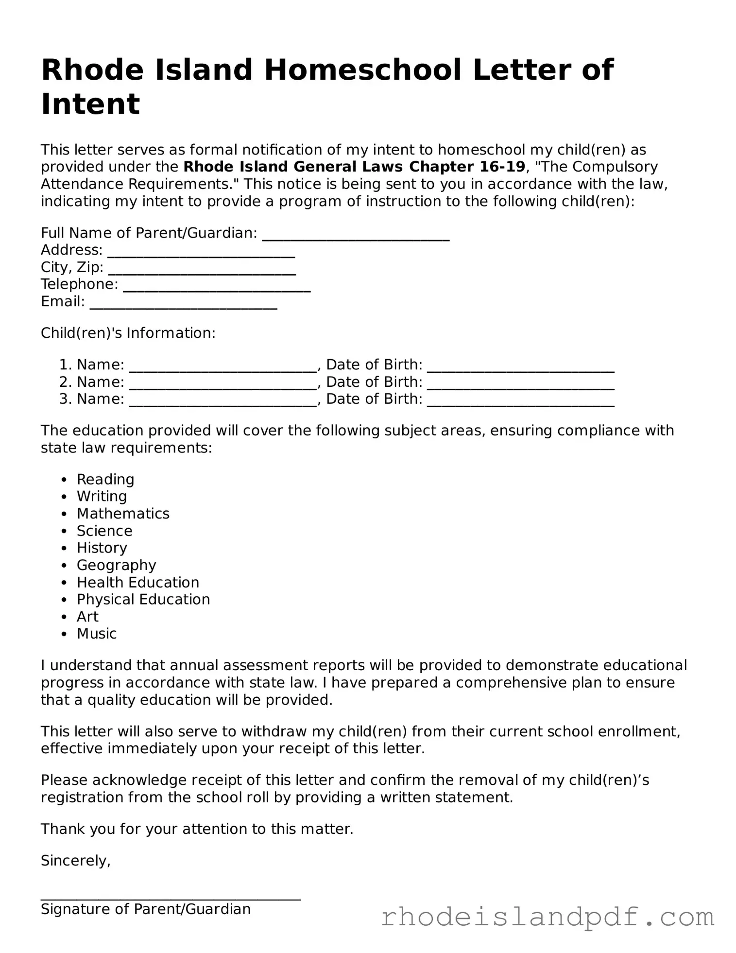 Homeschool Letter of Intent Template for Rhode Island State