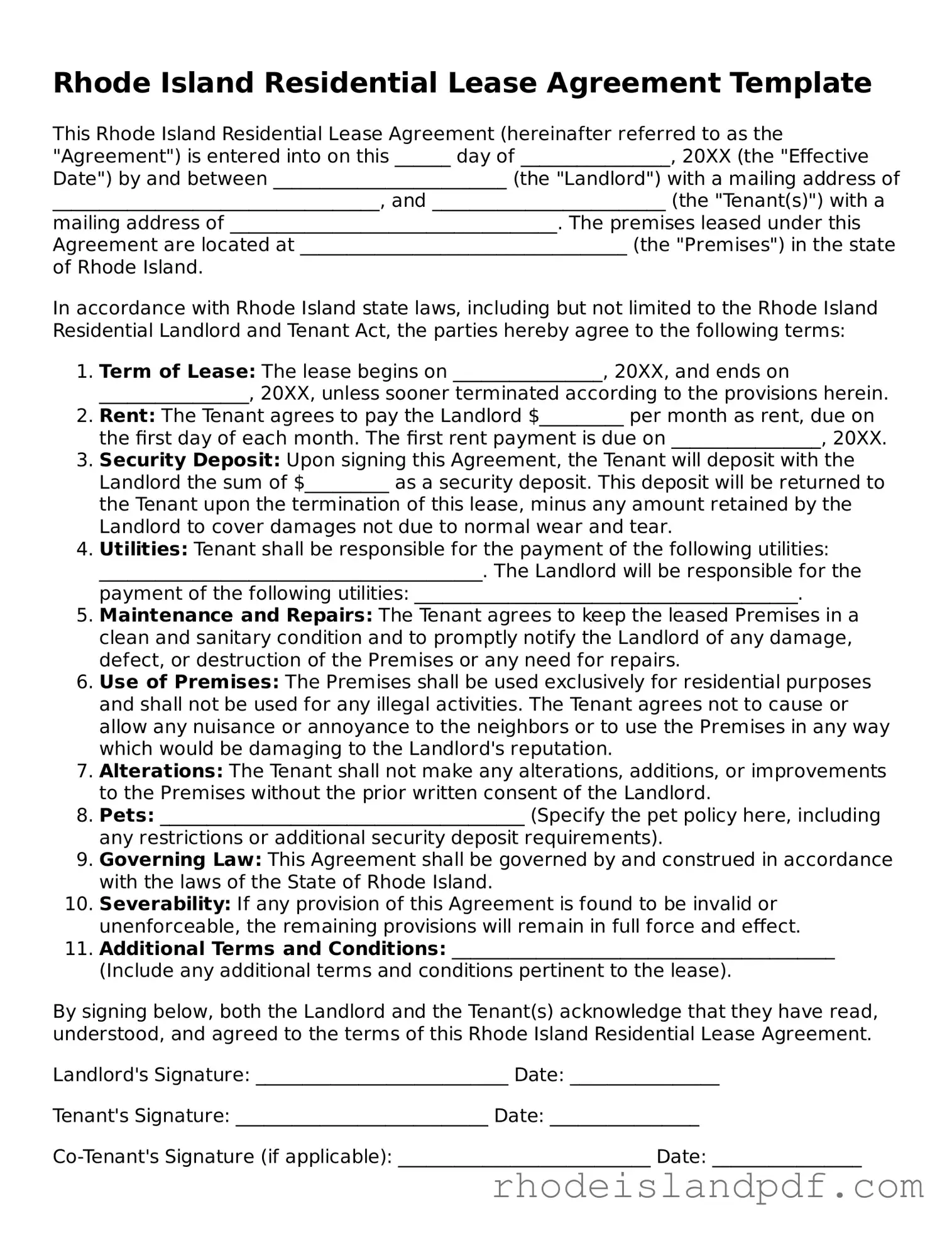 Lease Agreement Template for Rhode Island State