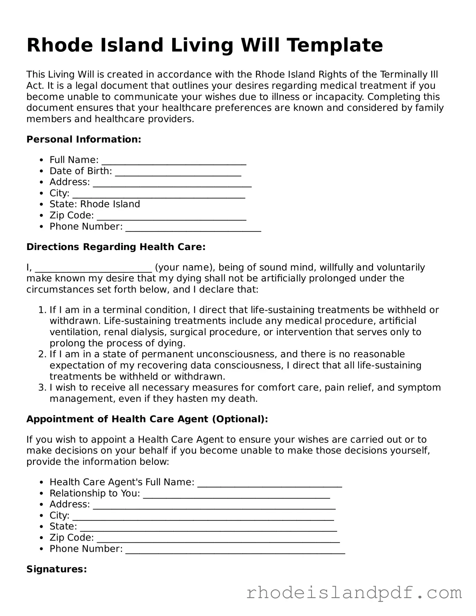 Living Will Template for Rhode Island State