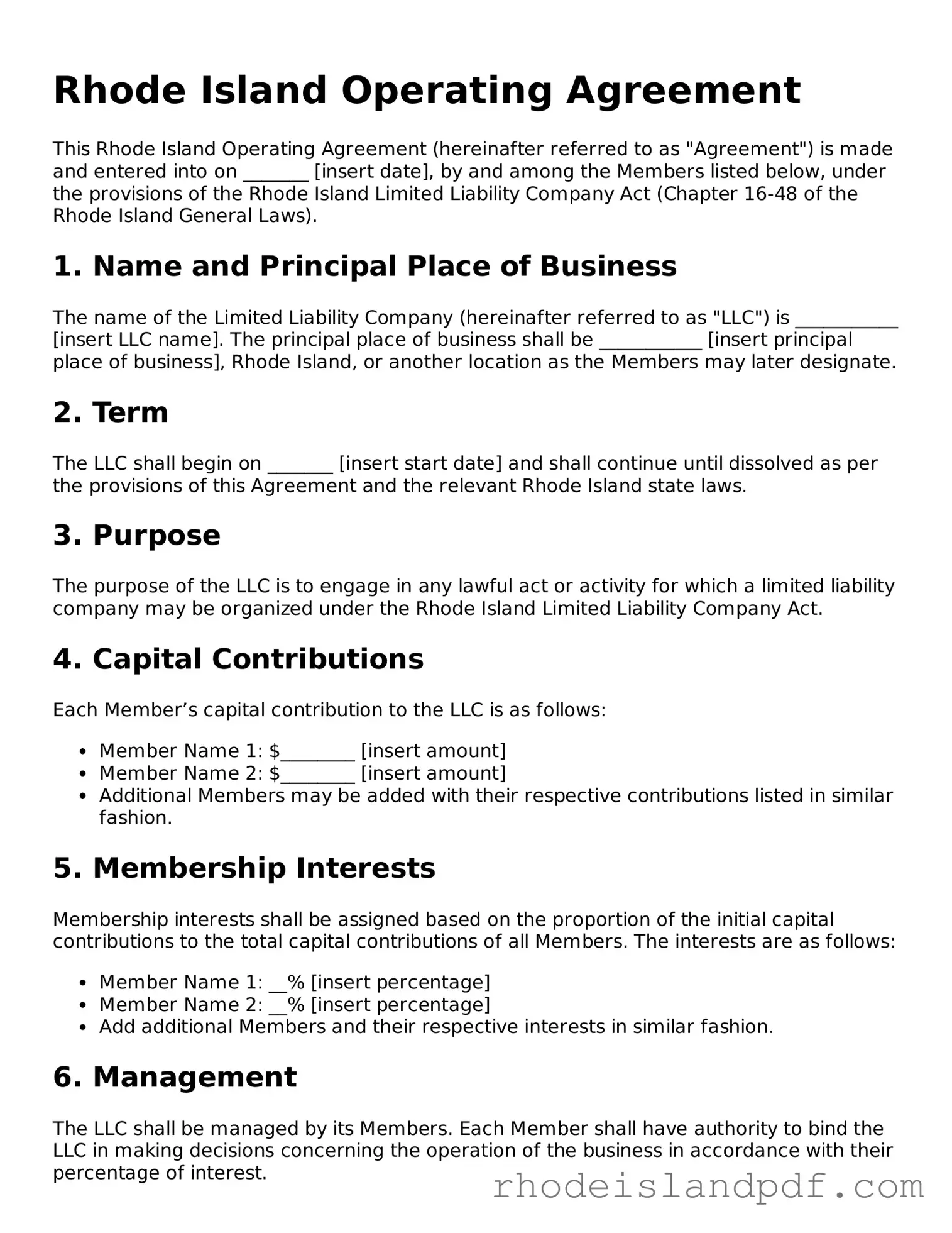 Operating Agreement Template for Rhode Island State