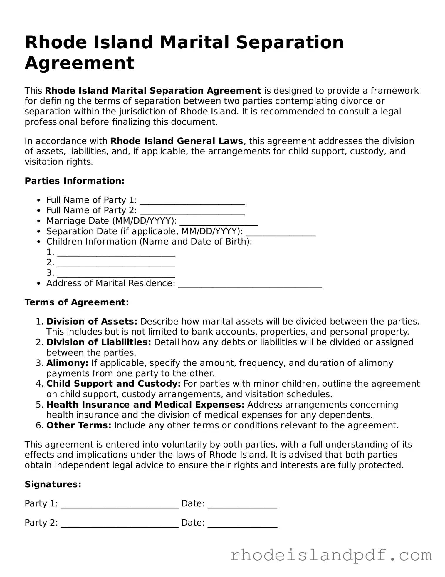 Marital Separation Agreement Template for Rhode Island State