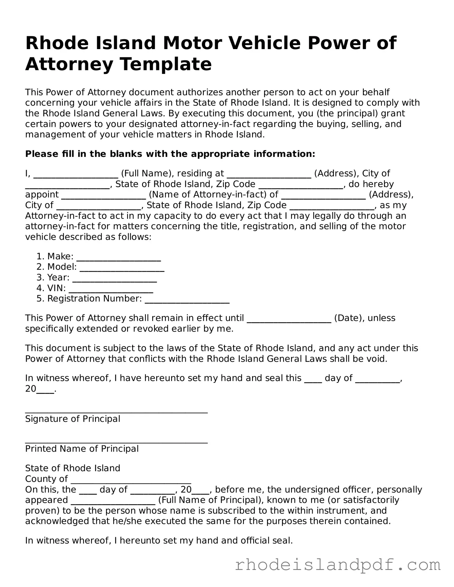 Motor Vehicle Power of Attorney Template for Rhode Island State