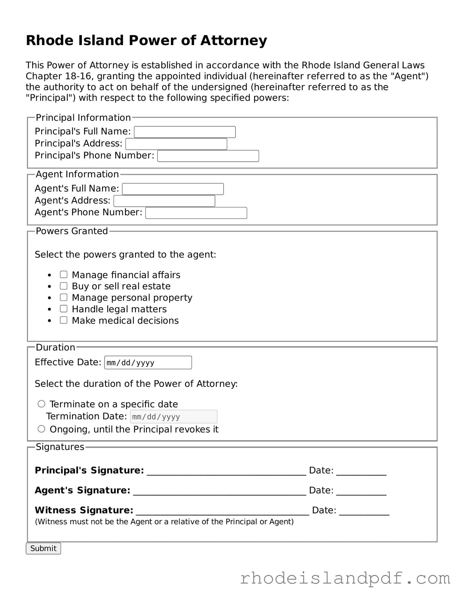 Power of Attorney Template for Rhode Island State
