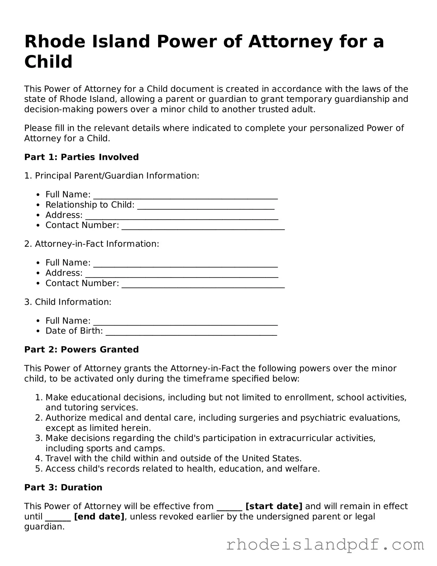 Power of Attorney for a Child Template for Rhode Island State