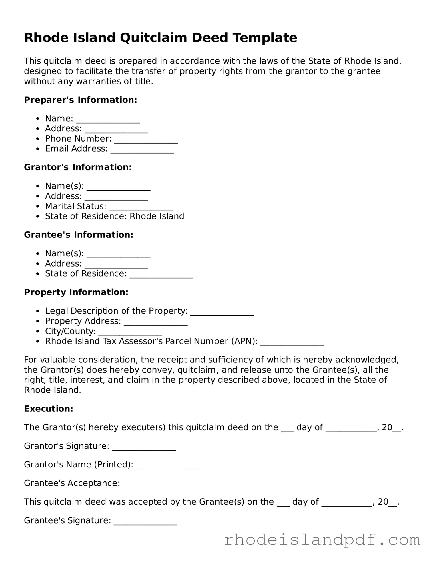 Quitclaim Deed Template for Rhode Island State