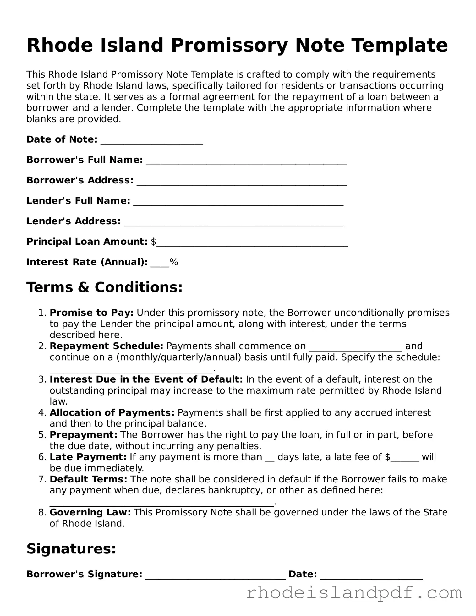 Promissory Note Template for Rhode Island State
