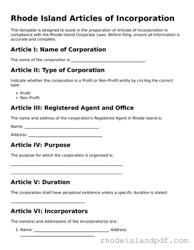 Articles of Incorporation Template for Rhode Island State