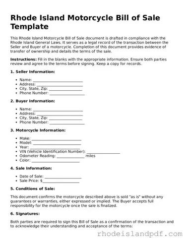 Motorcycle Bill of Sale Template for Rhode Island State
