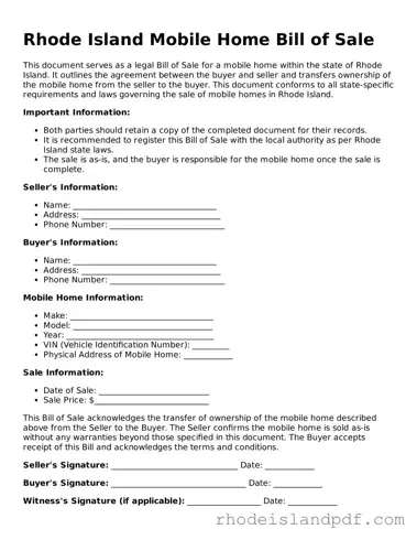 Mobile Home Bill of Sale Template for Rhode Island State