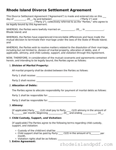 Divorce Settlement Agreement Template for Rhode Island State