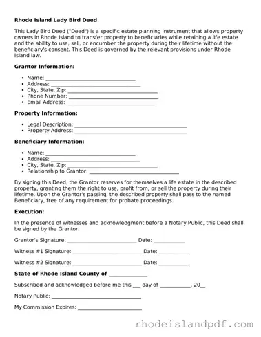Lady Bird Deed Template for Rhode Island State