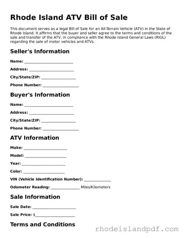 ATV Bill of Sale Template for Rhode Island State