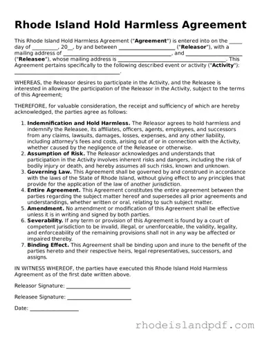 Hold Harmless Agreement Template for Rhode Island State