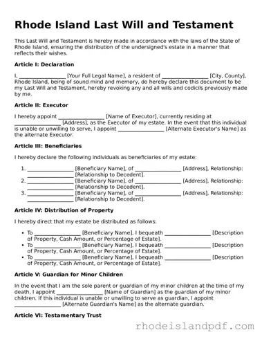 Last Will and Testament Template for Rhode Island State