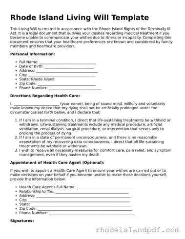 Living Will Template for Rhode Island State