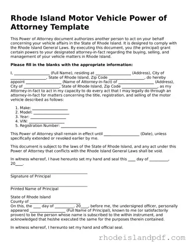 Motor Vehicle Power of Attorney Template for Rhode Island State