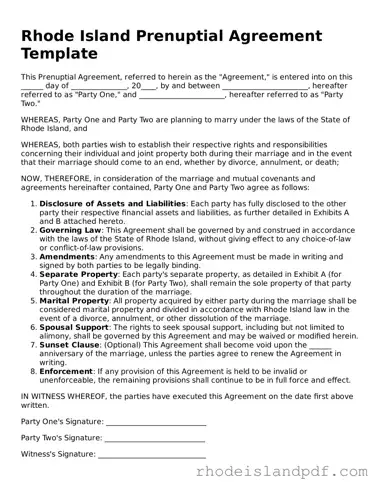 Prenuptial Agreement Template for Rhode Island State