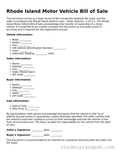 Motor Vehicle Bill of Sale Template for Rhode Island State