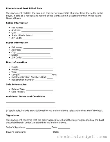 Boat Bill of Sale Template for Rhode Island State